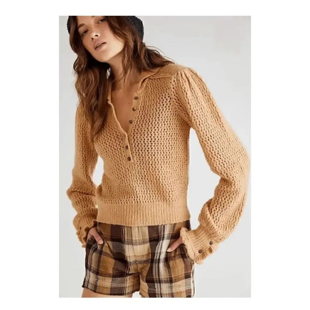 Free People Care FP Snowdrift Pullover Sweater in Camel Heather Size small new